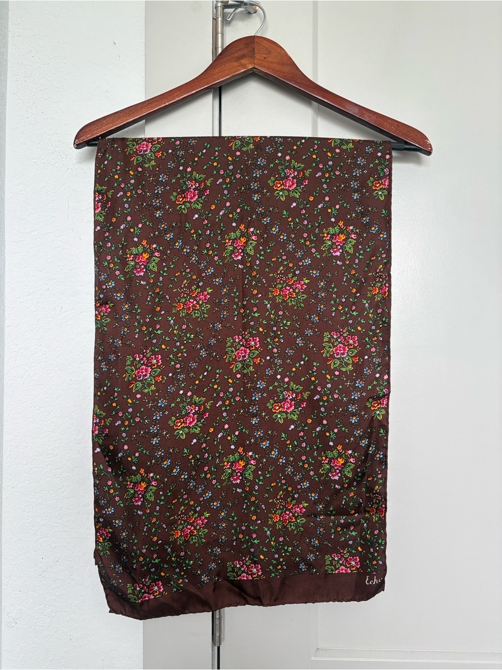 VINTAGE ECHO BROWN FLORAL FALL SILK SCARF 47x14